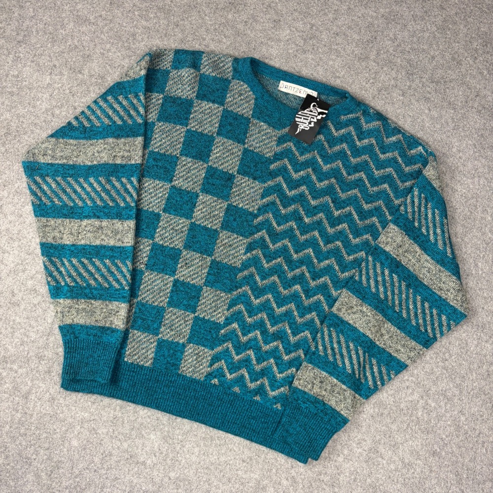 Vintage Jantzen Mens L Teal Grey Geometric Patchwork Crewneck Sweater